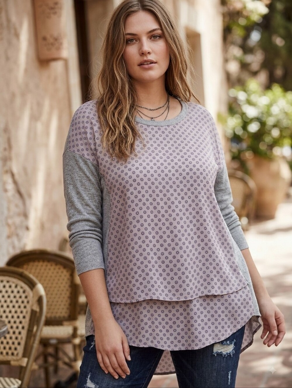 Lauren Ralph Lauren Geometric Boho Layered Mixed Media Tunic Top